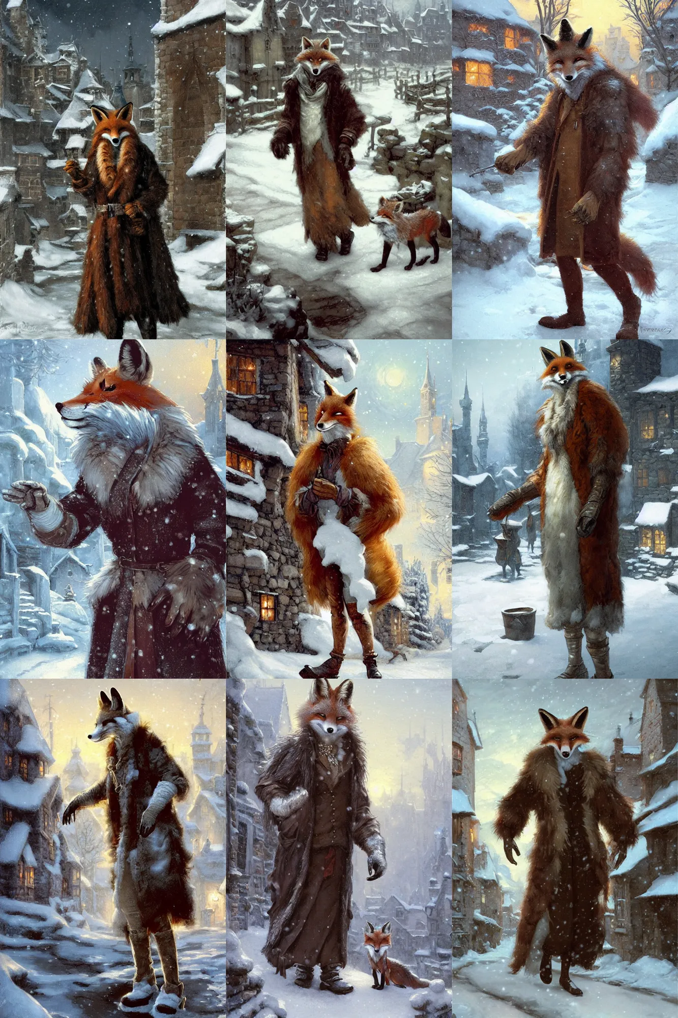 Prompt: an anthropomorphic fox man wearing a long fur coat and mittens in a snowy village, character illustration by greg rutkowski, thomas kinkade, Howard Pyle, El Greco, Cynthia Sheppard