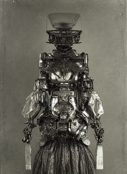 Prompt: old wetplate daguerreotype frame portrait of a futuristic silver armored geisha district 9 cyborg, fractal, intricate, elegant, highly detailed, subsurface scattering, by jheronimus bosch and greg rutkowski and louis jacques mande daguerre