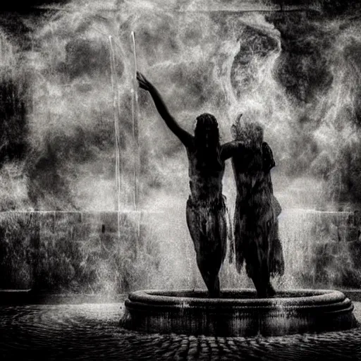 Image similar to the ghosts of the past, present and the future dancing around the fountain of youth and wisdom translucent transparent smoke photorealistic creepy dark foreboding unearthly ghoulish