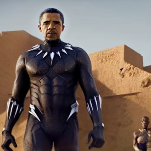 Prompt: A still of Obama in the Black Panther, rule of thirds, sigma male, cinematic