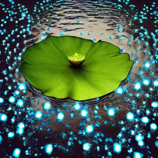 Image similar to Water lily made of blue and white fairy lights, floating on the water with reflection underneath, beautiful image, dark background, octane render 8k