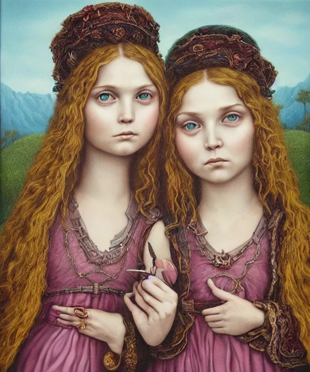 Image similar to epic fantasy portrait of sisters Olsen, lowbrow painting by Mark Ryden