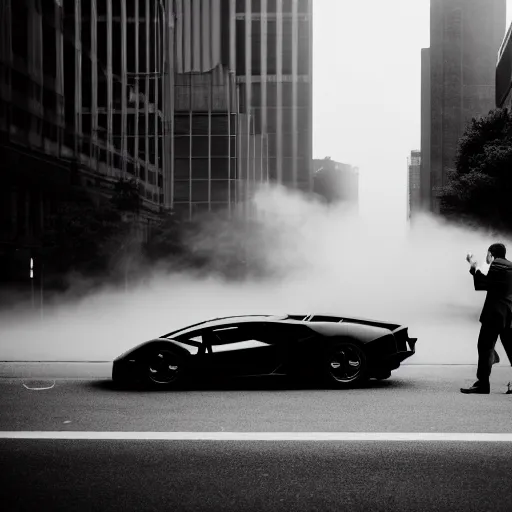 Image similar to black and white press photograph of a tired man, man in a black suit, pushing a lamborghini that is out of gas on a busy city street, sideview, detailed, natural light, mist, film grain, soft vignette, sigma 5 0 mm f / 1. 4 1 / 1 0 sec shutter, imax 7 0 mm footage