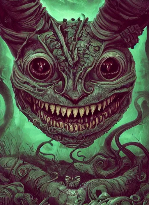 Image similar to cheshire cat, call of cthulhu, half skull half face, highly detailed, cinematic, 8 k, by megan duncanson, benjamin lacombe, adrian borda, stanley artgermm, tom bagshaw, craig mullins, carne griffiths, ayami kojima, beksinski, giger, trending on deviantart, hyper detailed, horror, full of colour