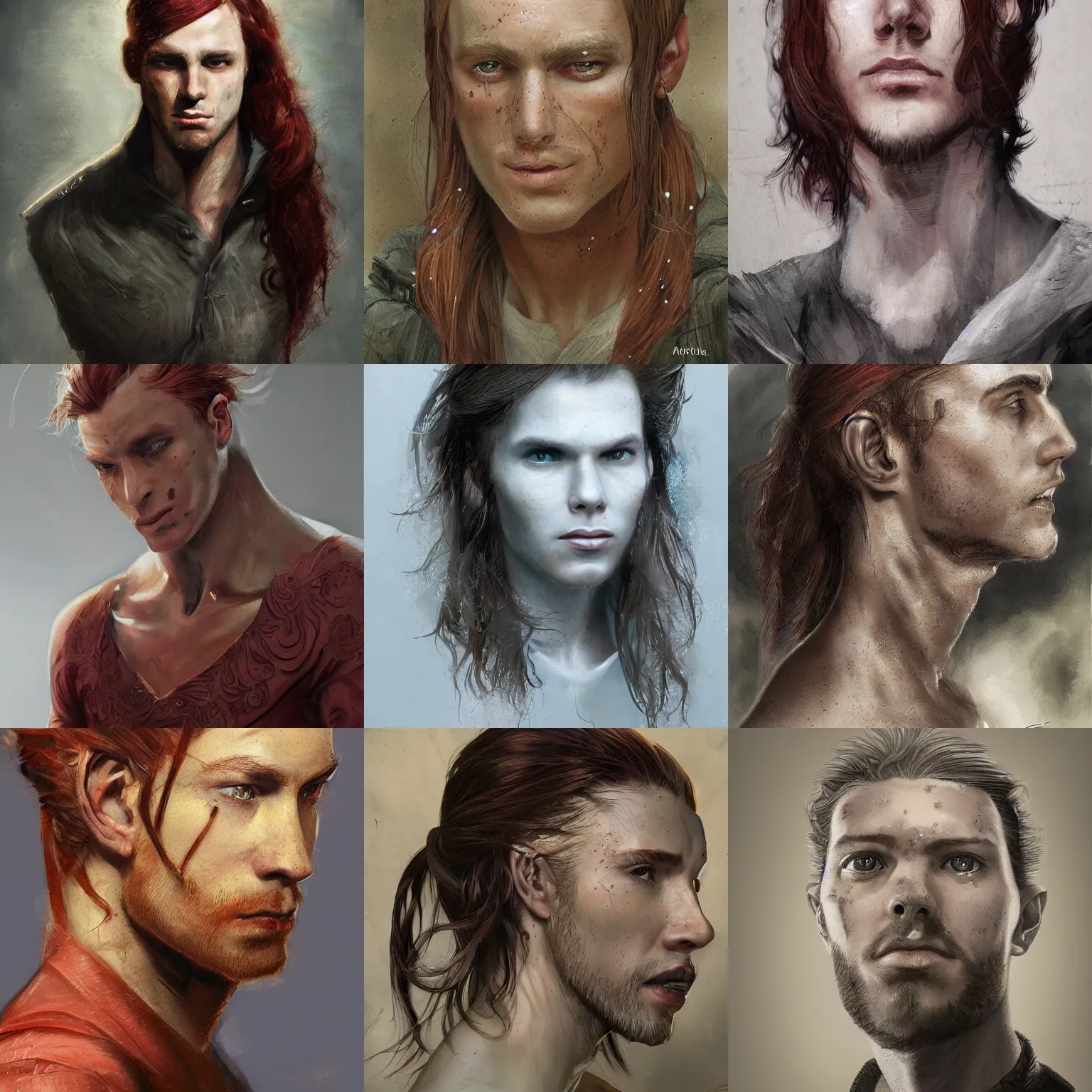 Prompt: portrait of a thin young man with long red hair, ponytail, a lot of freckles on his face, intricate, elegant, highly detailed, digital painting, artstation, concept art, sharp focus, illustration, art by aleksi briclot, rutkowski