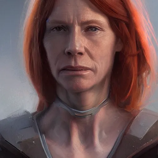 Image similar to Portrait of a woman by Greg Rutkowski, she is about 50 years old, redhead, long straight hair, beautiful oval face, wearing a futuristic tactical gear, older sister vibes, sad and resigned expression, highly detailed portrait, digital painting, artstation, concept art, smooth, sharp foccus ilustration, Artstation HQ.