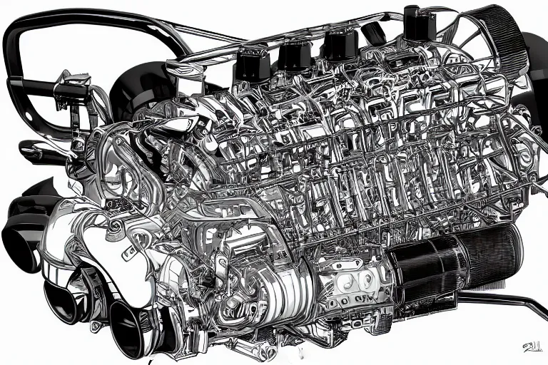 Prompt: f1 engine cutaway illustration by jean giraud moebius engineering black and white chrome