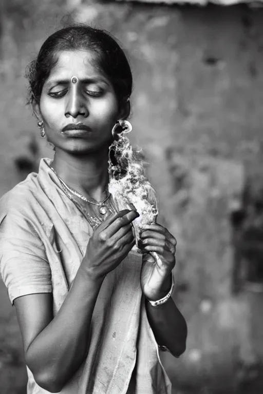 Image similar to portrait of a sri lankan woman smoking cigarette, 8 0's style, high - fidelity