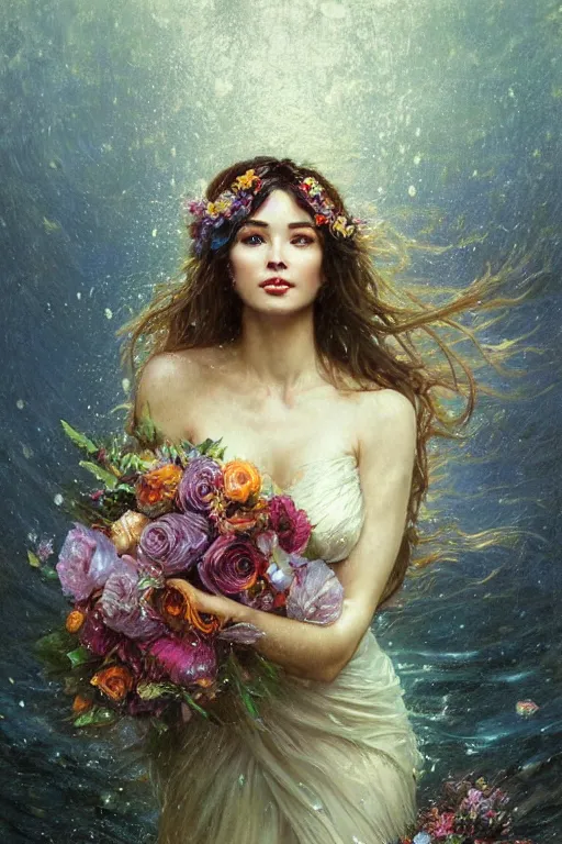 Image similar to portrait of a beautiful mysterious woman holding a bouquet of flowing flowers, wet dripping long hair, hands hidden under the bouquet, emerging from the water, fantasy, regal, intricate, by stanley artgerm lau, greg rutkowski, thomas kindkade, alphonse mucha, loish, norman rockwell