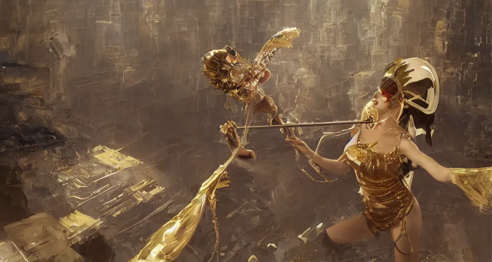 Image similar to craig mullins and ghibli digital art of a masked female violinist, dressed in exotic costumes, gold jewelry and dark hair, performs alone on a huge stage ， unreal engine, hyper realism, realistic shading, cinematic composition, realistic render, octane render, detailed textures, photorealistic, wide shot