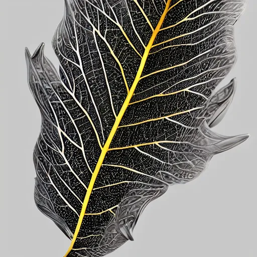 Prompt: beautiful digital illustration of Intricate a whole fantasy leaf, encrusted jewels, illustration, detailed veins, sharp focus, octane render, high quality, 8k, volumetric lighting, on black background