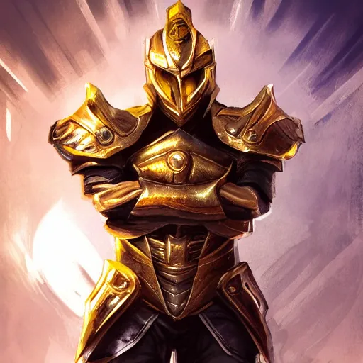 Image similar to a highly detailed character portrait of a man wearing a epic golden armor with glowing blue eyes concept art