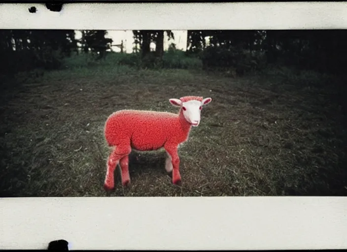 Image similar to medium shot, a lamb with red eyes, evil, horror, scary, night, polaroid photo, vintage, neutral colors, by gregory crewdson,