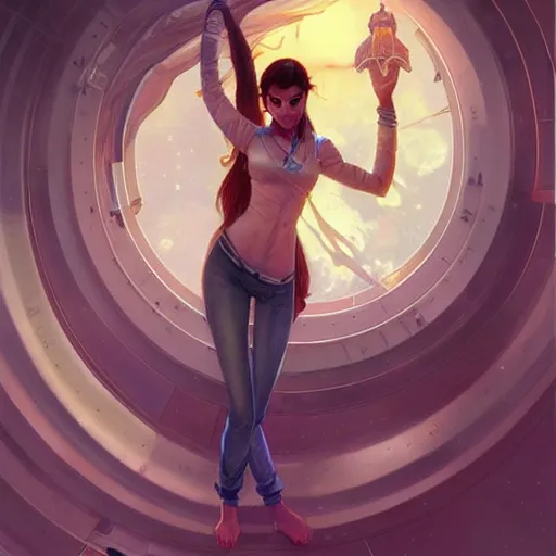 Image similar to Sensuous good looking pale young Indian doctors wearing jeans in a space station above Earth, portrait, elegant, intricate, digital painting, artstation, concept art, smooth, sharp focus, illustration, art by artgerm and greg rutkowski and alphonse mucha