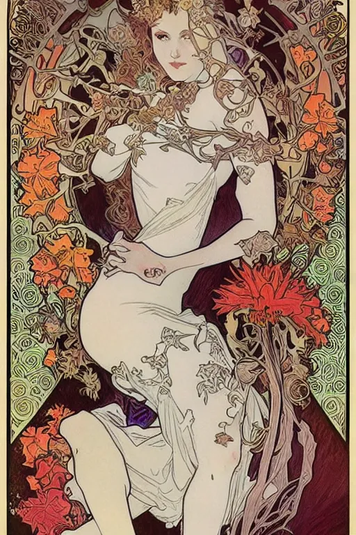 Image similar to female, beautiful, art noveau, alphonse mucha, louis royo, adam hughes, comic poster art, fall flowers, skulls, day of the dead, pumpkin, autumn, queen, spooky, cartoon, pencil drawing