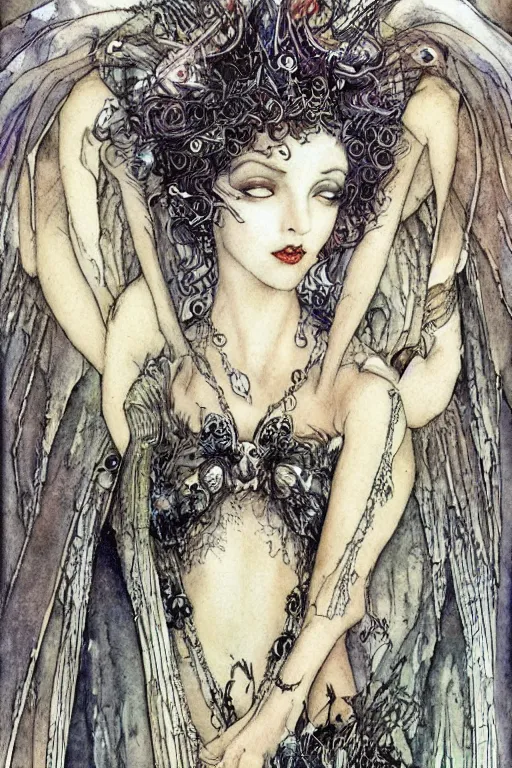 Image similar to dark fairy queen closeup face surrounded by bat wings, art by luis royo and walter crane and kay nielsen, watercolor illustration,