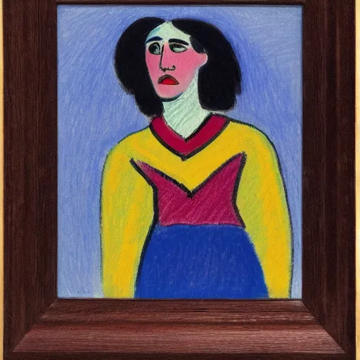 Image similar to by alexej von jawlensky jaunty, realistic. drawing. a young girl stands in the center of the frame, looking off to the side. she wears a school uniform with a short skirt & a striped shirt. the background is a vivid, with wavy lines running through it.