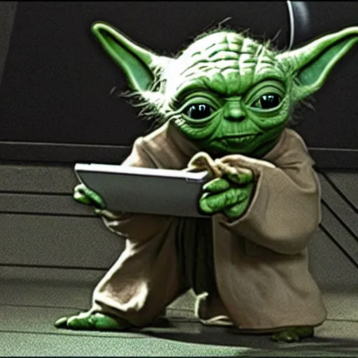 Prompt: yoda using computer