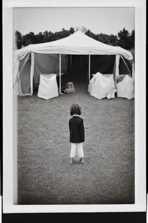 Image similar to photo polaroid of a sad and lonely child in a white coat and barefoot stands in the middle from behind the camera many big tents of field hospitals, pandemic, covid, loneliness, black and white ,photorealistic, 35mm film,