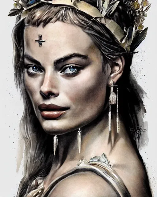 Image similar to realism tattoo sketch of margot robbie as a beautiful greek goddess aphrodite with piercing eyes wearing a laurel wreath and triangle earrings, in the style of greg rutkowski, amazing detail