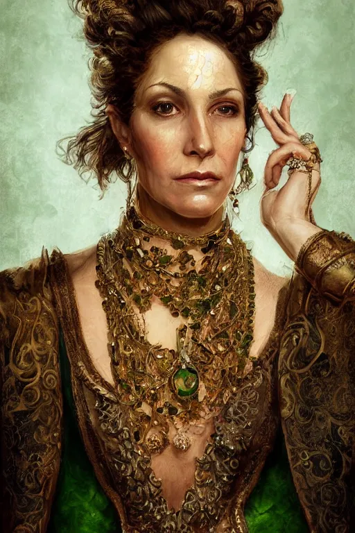 Prompt: portrait, headshot, digital painting, of a 17th century, beautiful, middle aged, middle eastern, wrinkles, decadent, cyborg noble woman, dark hair, amber jewels, baroque, ornate dark green opulent clothing, scifi, futuristic, realistic, hyperdetailed, concept art, chiaroscuro, side lighting, art by waterhouse