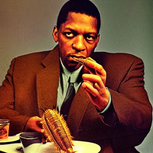 Prompt: john coltrane holding one giant mealworm in bed