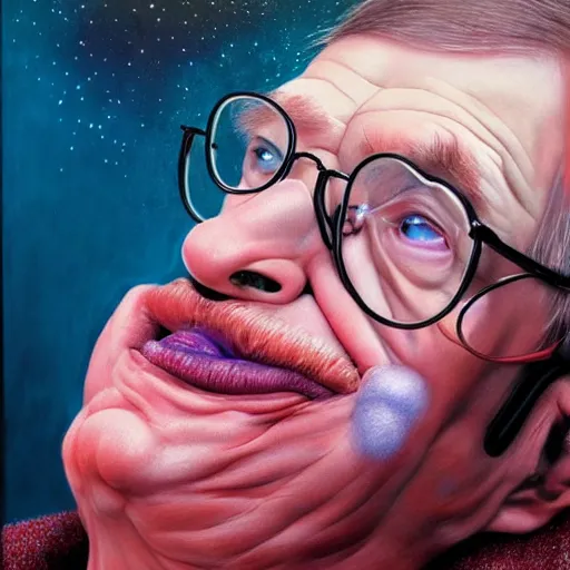 Prompt: UHD hyperrealism painting of Stephen Hawking wearing accurate clown makeup, by Antonio Caparo and Ferdinand Knab and Greg Rutkowski, UHD, photorealistic, trending on artstation, trending on deviantart, correct face, realistic clown makeup