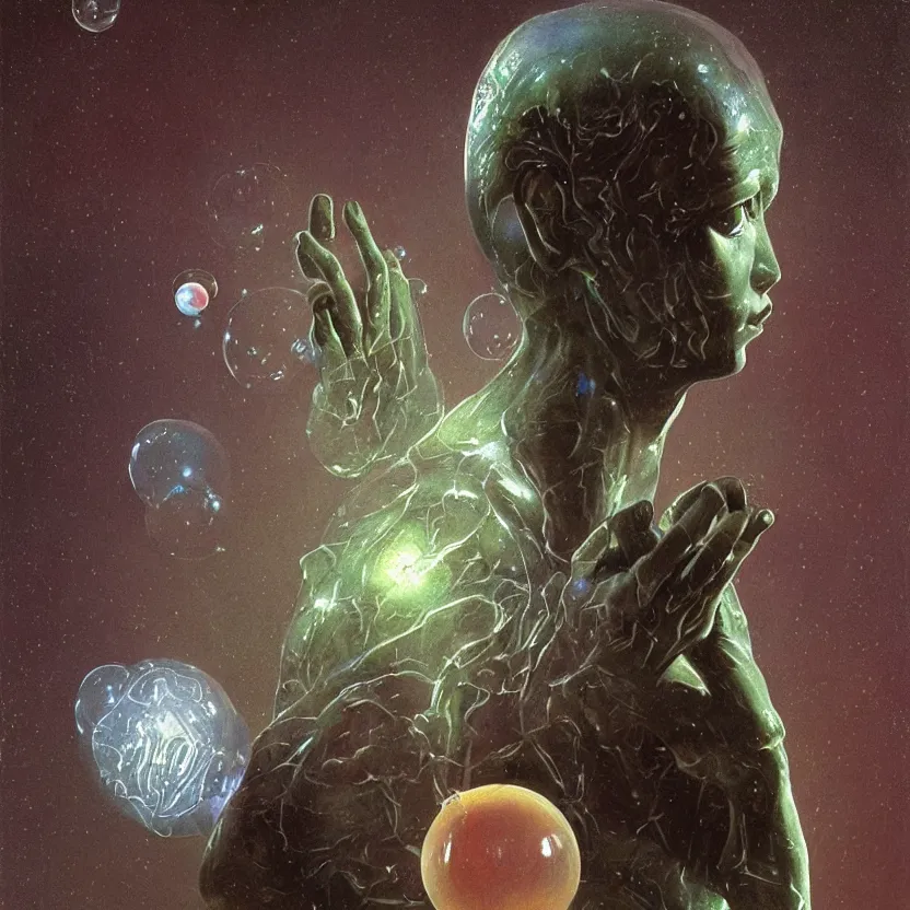 Prompt: a neoclassicist close - up portrait of an alien marble statue posing holding glowing bubbles in a garden at night. reflective textures. glowing fog. highly detailed fantasy science fiction painting by moebius, norman rockwell, frank frazetta, and syd mead. rich colors, high contrast, gloomy atmosphere, dark background. artstation