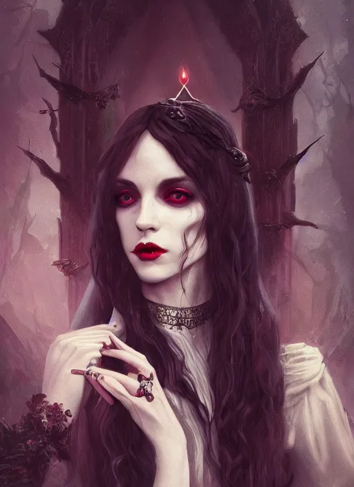 Image similar to tarot!!, pale, beautiful victorian vampire with long hair, fantasy, elegant, concept art, sharp focus, beautiful face!!, digital art, Hyper-realistic, 4K, Unreal Engine, Highly Detailed, HD, Dramatic Lighting, Beautiful, by Brom, trending on Artstation, face byTom Bagshaw, Sargent