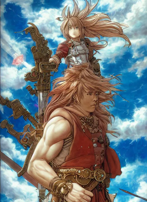 Image similar to prompt : ragnarok online portrait soft light painted by james jean and katsuhiro otomo and erik jones, inspired by akira anime, epic fantasy, a long haired, red headed male sky - pirate in front of an sky - ship, intricate oil painting, high detail illustration, sharp high detail, manga and anime 1 9 9 9