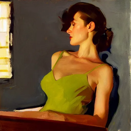 Image similar to artwork by malcolm liepke and edward hopper