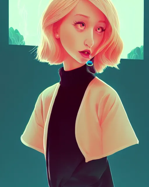 Image similar to digital illustration of pretty girl sa rina with shoulder length blonde hair wearing a sweater, from alice in wonderland, smoking, at night, by ilya kuvshinov, lois van baarle, rossdraws, basquiat