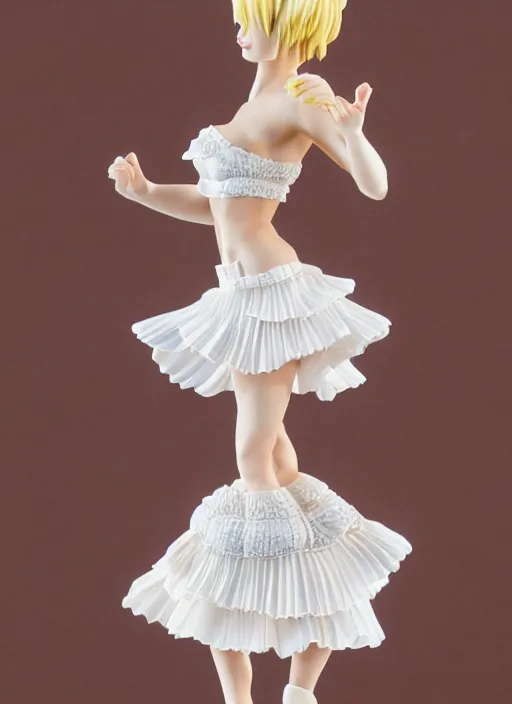 Prompt: Product Introduction Photos, 4K, Full body, 80mm resin detailed miniature of a muscular lady in White and short lacy ruffled skirt, Blonde hair