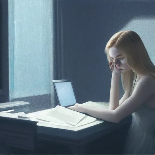 Prompt: Elle Fanning hacking a computer at night in the world of Edward Hopper, stormy snowy weather, dark room, extremely detailed masterpiece, oil on canvas, low-key neon lighting, artstation, Blade Runner 2049, Roger Deakin’s cinematography, by J. C. Leyendecker and Peter Paul Rubens,