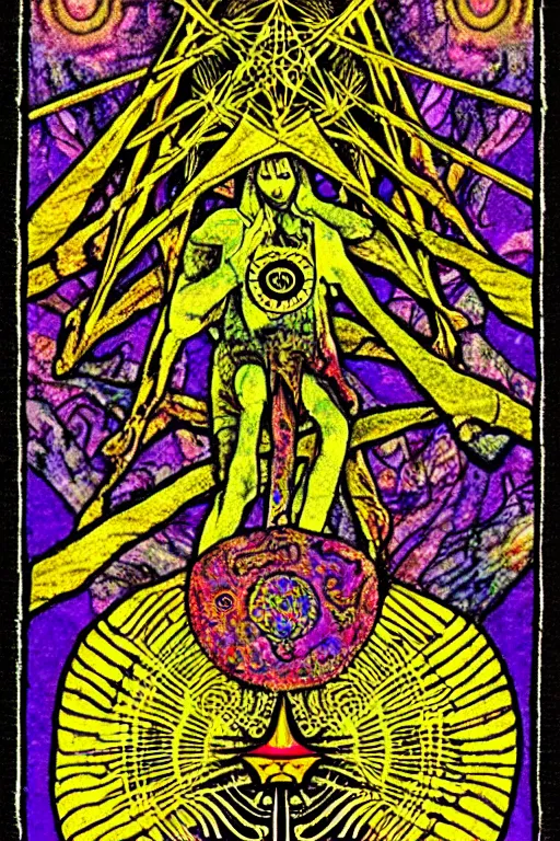 Prompt: a tarot card that reads lsd is good, psychedelic, old, paper texture, da vinci code, geometry, mushrooms