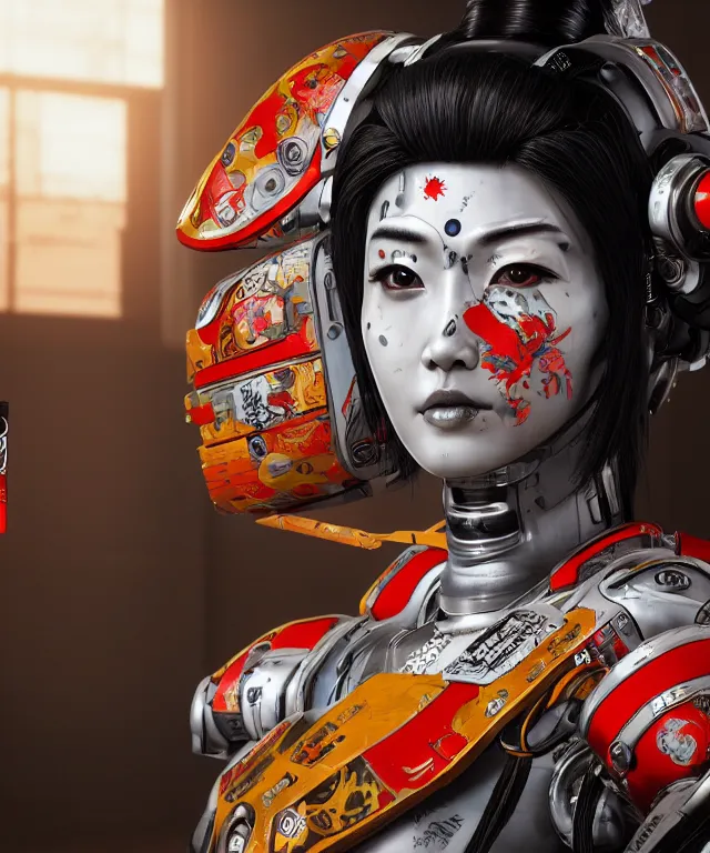 Image similar to an epic fantastic realism comic book style portrait painting of a japanese robotic geisha with kanji tattoos and decals, apex legends, octane render, intricate detail, 4 k hd, unreal engine 5, ex machina, irobot