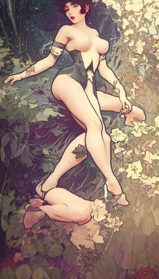 Image similar to 2 b in a cute pinup pose by artgerm, greg rutkowski and alphonse mucha, concept art, matte, intricate, full body, epic composition