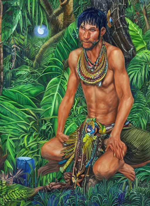 Image similar to a beautiful painting of an amazonian male shaman healer sitting in the jungle, doing a prayer, ayahuasca, high detail painting, fantasy art, highly detailed, realistic face, starry sky with full moon, canopee