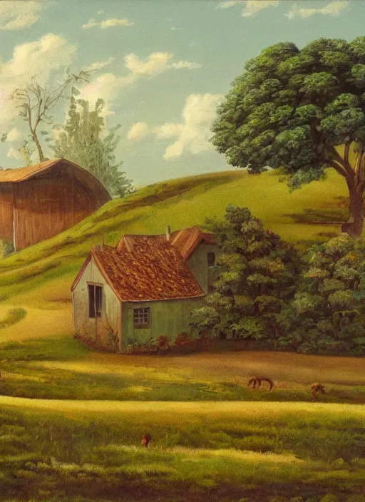 Prompt: a painting of a rural landscape with a house, a matte painting, flickr, massurrealism, 1 9 7 0 s, 1 9 2 0 s, 1 9 9 0 s