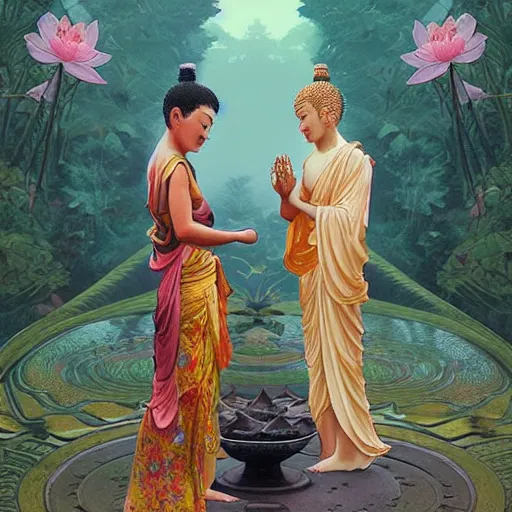 Prompt: one Buddha is giving a lotus flower to another young Buddha, illustration, happy, intricate, colorful, art by artgerm and greg rutkowski and alphonse mucha and simon stalenhag