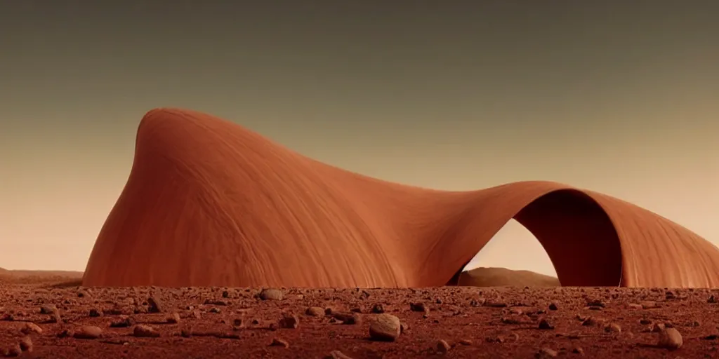 Image similar to a strange huge transparent pvc inflated organic architecture building black matte by jonathan de pas sits in the planet mars landscape, golden hour, film still from the movie directed by denis villeneuve with art direction by zdzisław beksinski, close up, telephoto lens, shallow depth of field