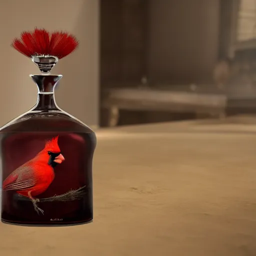 Image similar to a photorealistic photograph of a Cardinal bird inside of an Armagnac decanter Trending on Artstation, featured on Behance, well-rendered, Unreal Engine, 4K HD