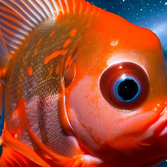 Prompt: a 4 k photorealistic photo close up of a goldfish in space