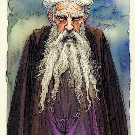 Image similar to a simple and atmospheric watercolour fantasy character concept art portrait of an old and wise wizard, very muted colors, by rebecca guay, michael kaluta, charles vess and jean moebius giraud