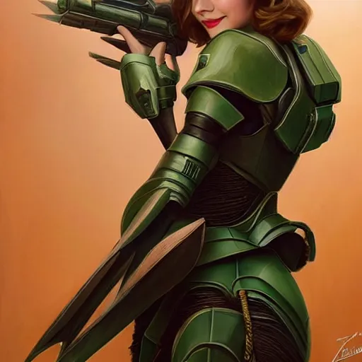 Image similar to A combination of Victoria Justice's and Grace Kelly's and Emma Watson's appearances wearing Master Chief's armor, full body portrait, western, D&D, fantasy, intricate, elegant, highly detailed, digital painting, artstation, concept art, matte, sharp focus, illustration, art by Artgerm and Greg Rutkowski and Alphonse Mucha