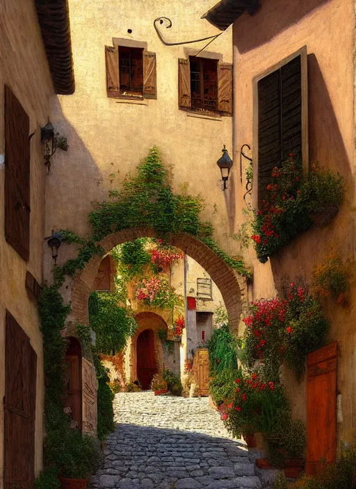 Image similar to lourmarin village in provence pattern texture, elegant, peaceful, hyper realistic, extremely detailed, dnd art, fantasy art, intricate fantasy painting, dramatic lighting, vivid colors, deviant art, artstation, by edgar maxence and caravaggio and michael whelan and delacroix.