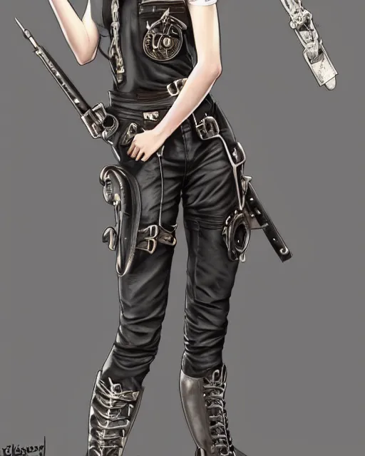 Image similar to a full body portrait of a beautiful androgynous punk girl with short hair and beautiful eyes, beautiful face, wearing tall combat boots, who is a mechanic wearing overalls, digital concept art, detailed digital painting, by j. c. leyendecker and edward blair leighton and charlie bowater, trending on artstation