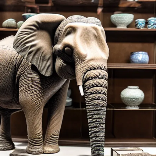 Image similar to realistic stunned elephant in a porcelain shop