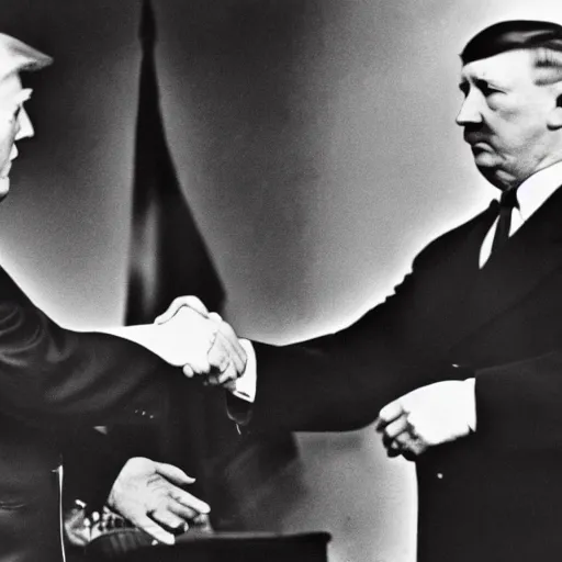 Image similar to donald trump and adolf hitler shaking hands, photography, hyper realism, germany, ww2, 8k,