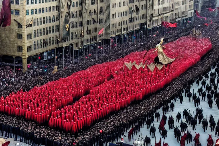 Prompt: photo of game of thrones elaborate parade with float characters designed by ( ( ( ( ( ( ( ( people remaking season 8 ) ) ) ) ) ) ) ) and people who know what they are doing!!!!!!!!!!!!!!, in the macys parade, detailed 4 k photo,